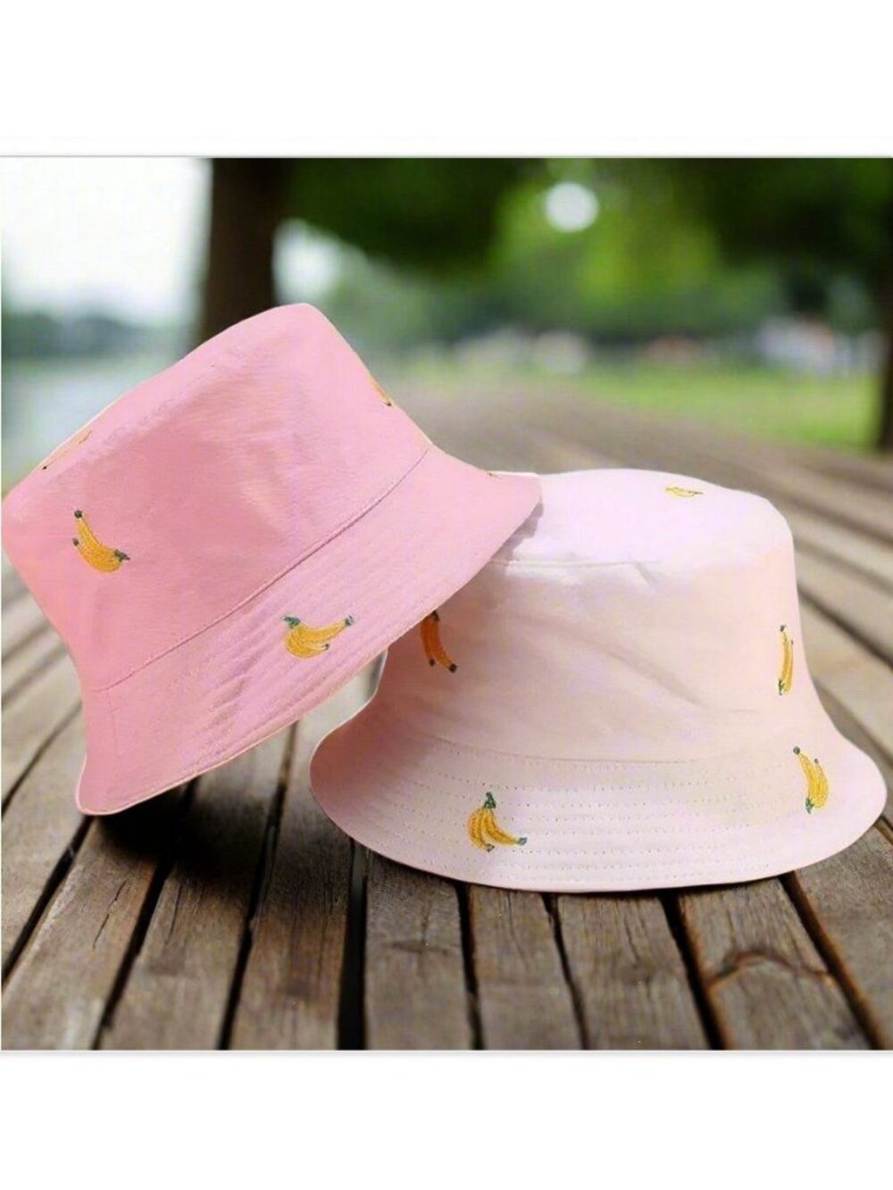 Everlynn Banana Embroidered Reversible Bucket Hat White Pink Gift Packaged